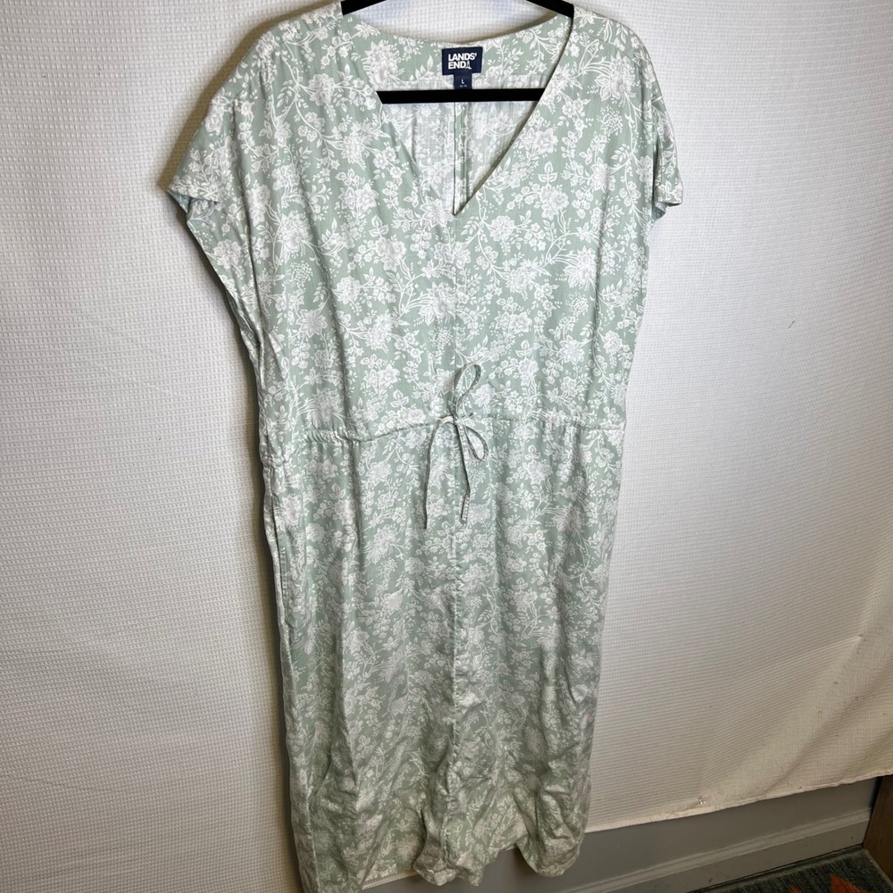 Lands End Sage Green Floral Lyocell V-Neck Drawstring Midi Dress Pockets Large